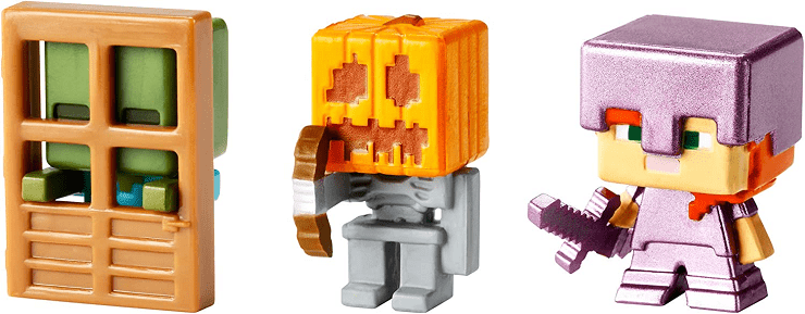 Minecraft Mini Figure 3-Pack, Alex with Enchanted Armor, Skeleton with Pumpkin Armor & Zombie At Door